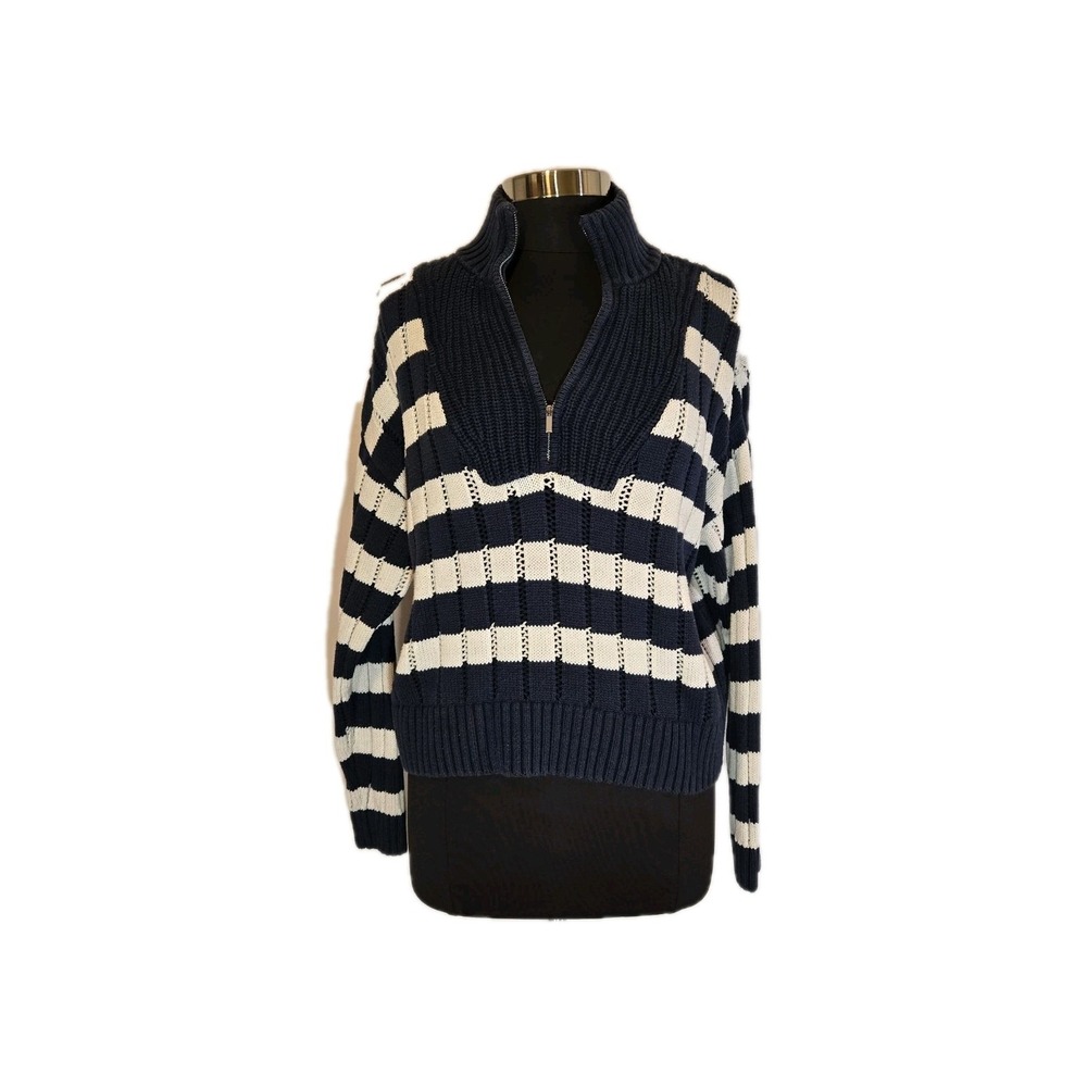 A New Day Navy Cream Striped Turtleneck Sweater Women's Large‎ Cotton Blend